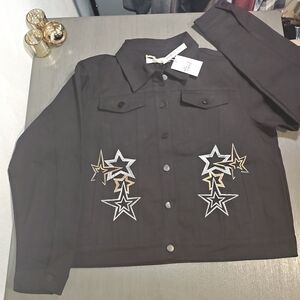 Southern Grace Black Jean Jacket with Gold & Silver Star Embroidery, Fringe Back